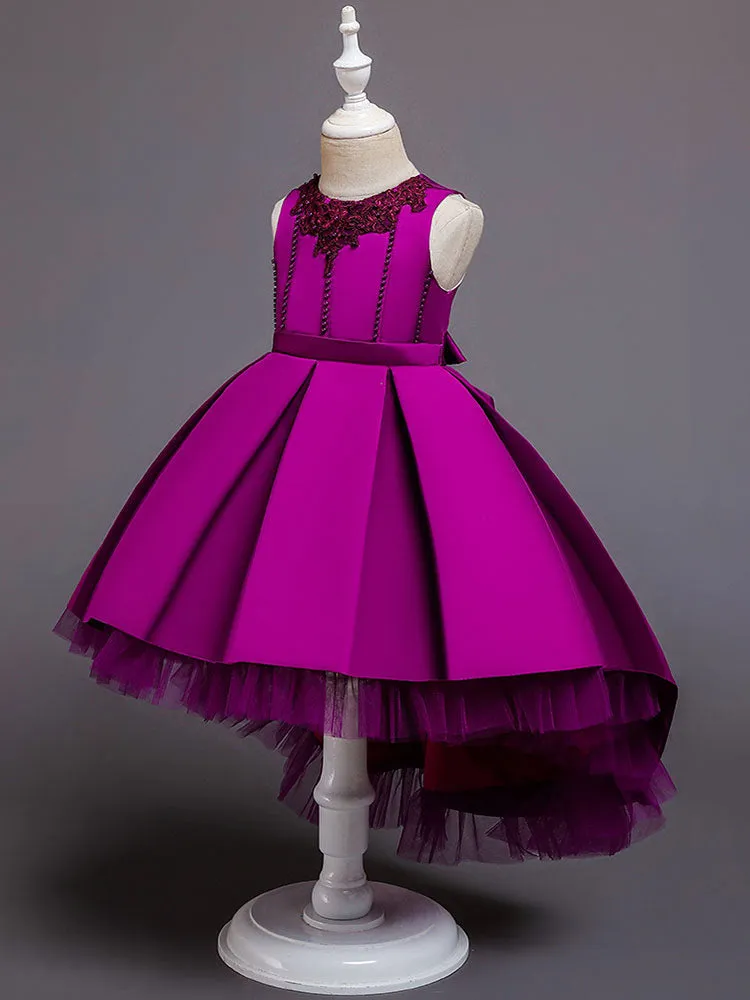 Pink Jewel Neck Sleeveless A-Line Bows Flowers Polyester Cotton Tulle Polyester Formal Kids Pageant flower girl dresses
