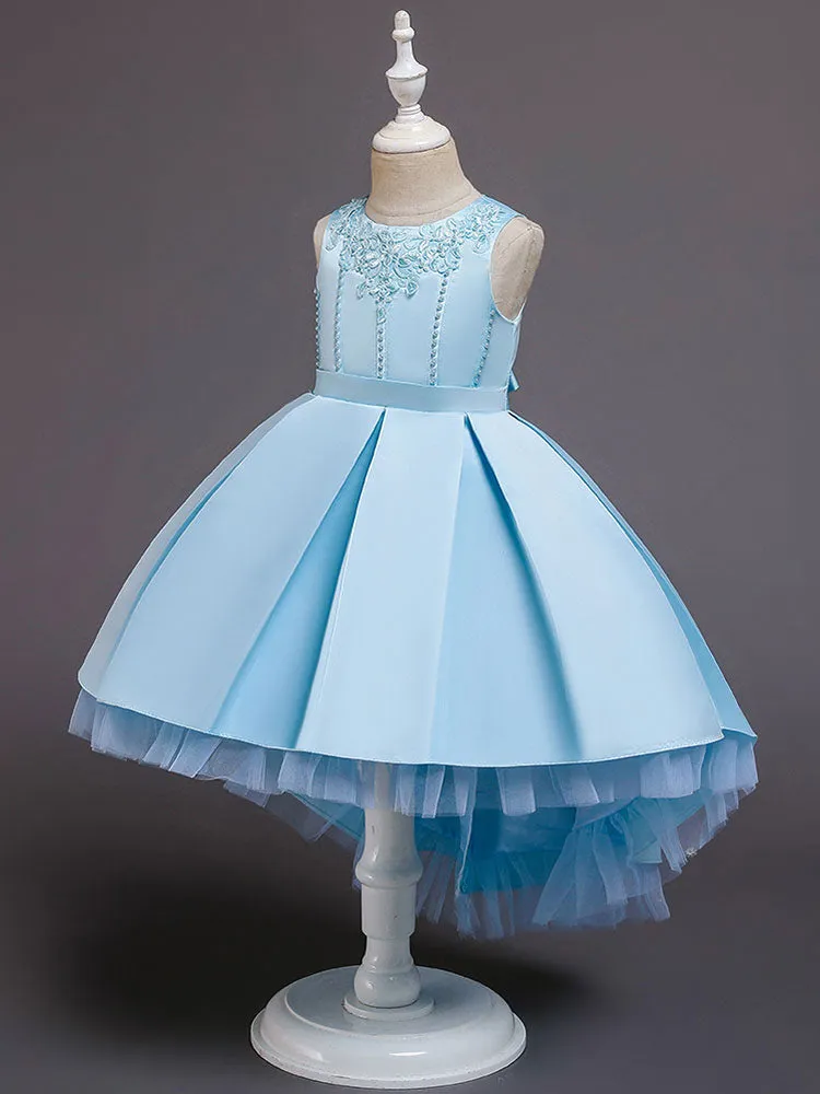 Pink Jewel Neck Sleeveless A-Line Bows Flowers Polyester Cotton Tulle Polyester Formal Kids Pageant flower girl dresses