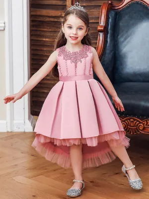 Pink Jewel Neck Sleeveless A-Line Bows Flowers Polyester Cotton Tulle Polyester Formal Kids Pageant flower girl dresses