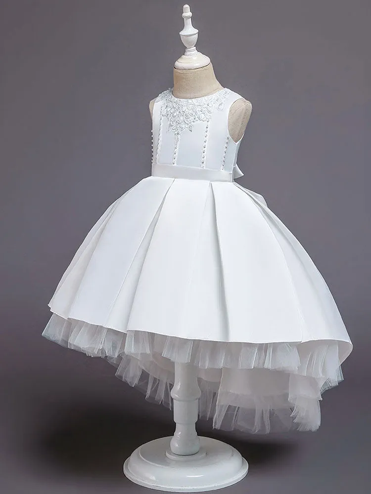 Pink Jewel Neck Sleeveless A-Line Bows Flowers Polyester Cotton Tulle Polyester Formal Kids Pageant flower girl dresses