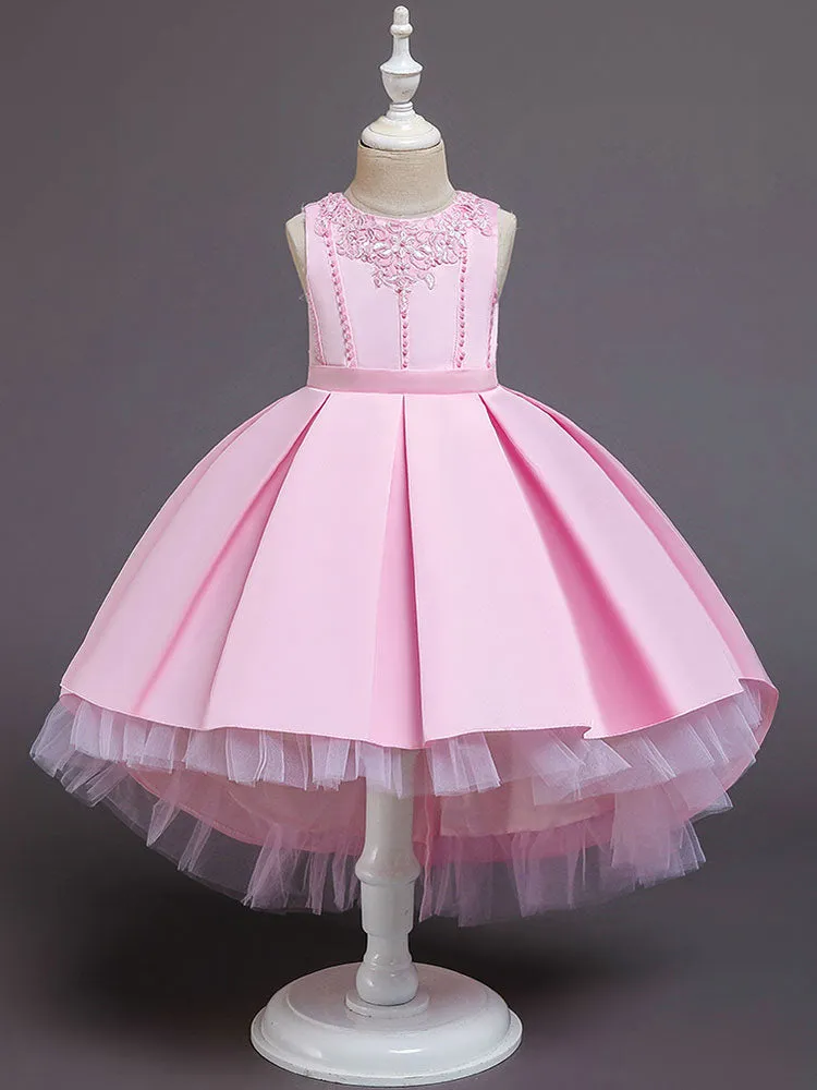 Pink Jewel Neck Sleeveless A-Line Bows Flowers Polyester Cotton Tulle Polyester Formal Kids Pageant flower girl dresses