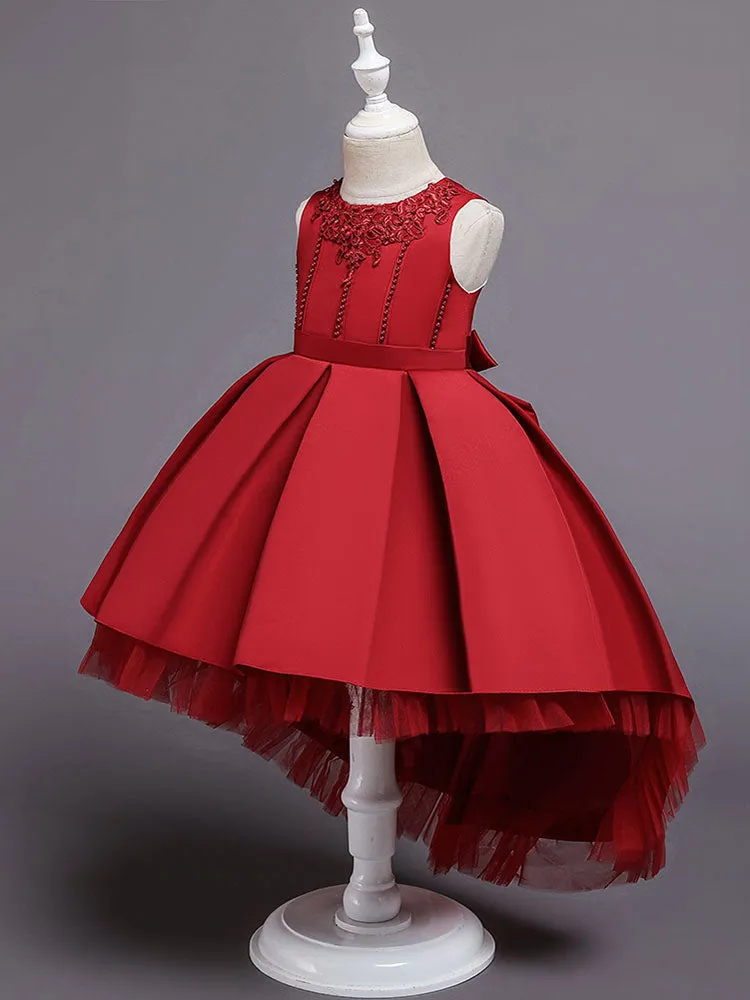Pink Jewel Neck Sleeveless A-Line Bows Flowers Polyester Cotton Tulle Polyester Formal Kids Pageant flower girl dresses