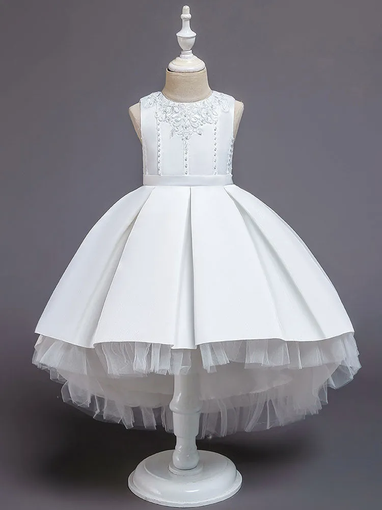 Pink Jewel Neck Sleeveless A-Line Bows Flowers Polyester Cotton Tulle Polyester Formal Kids Pageant flower girl dresses