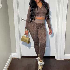 Print Long Sleeve Zipper Design Top & Leggings Set