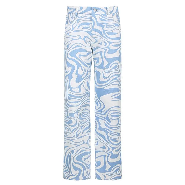 Print Straight Pants Baggy High Waist Casual Vintage
