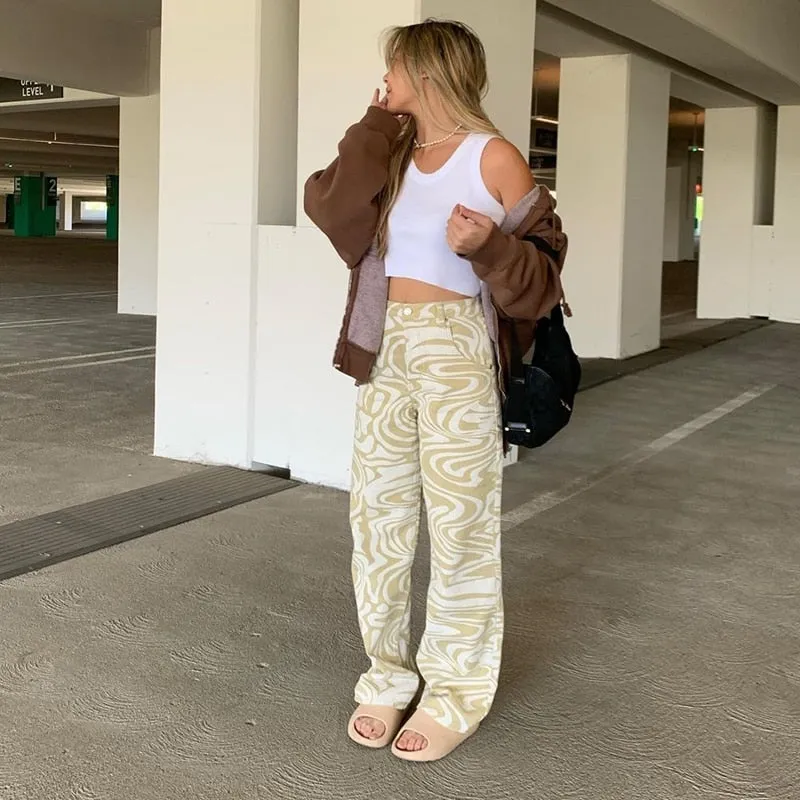 Print Straight Pants Baggy High Waist Casual Vintage