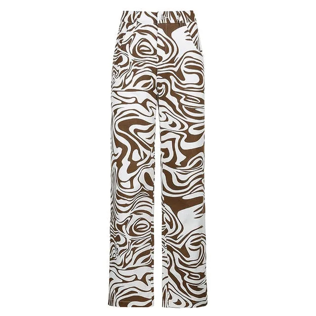 Print Straight Pants Baggy High Waist Casual Vintage