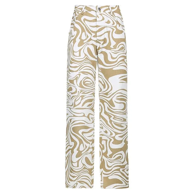 Print Straight Pants Baggy High Waist Casual Vintage