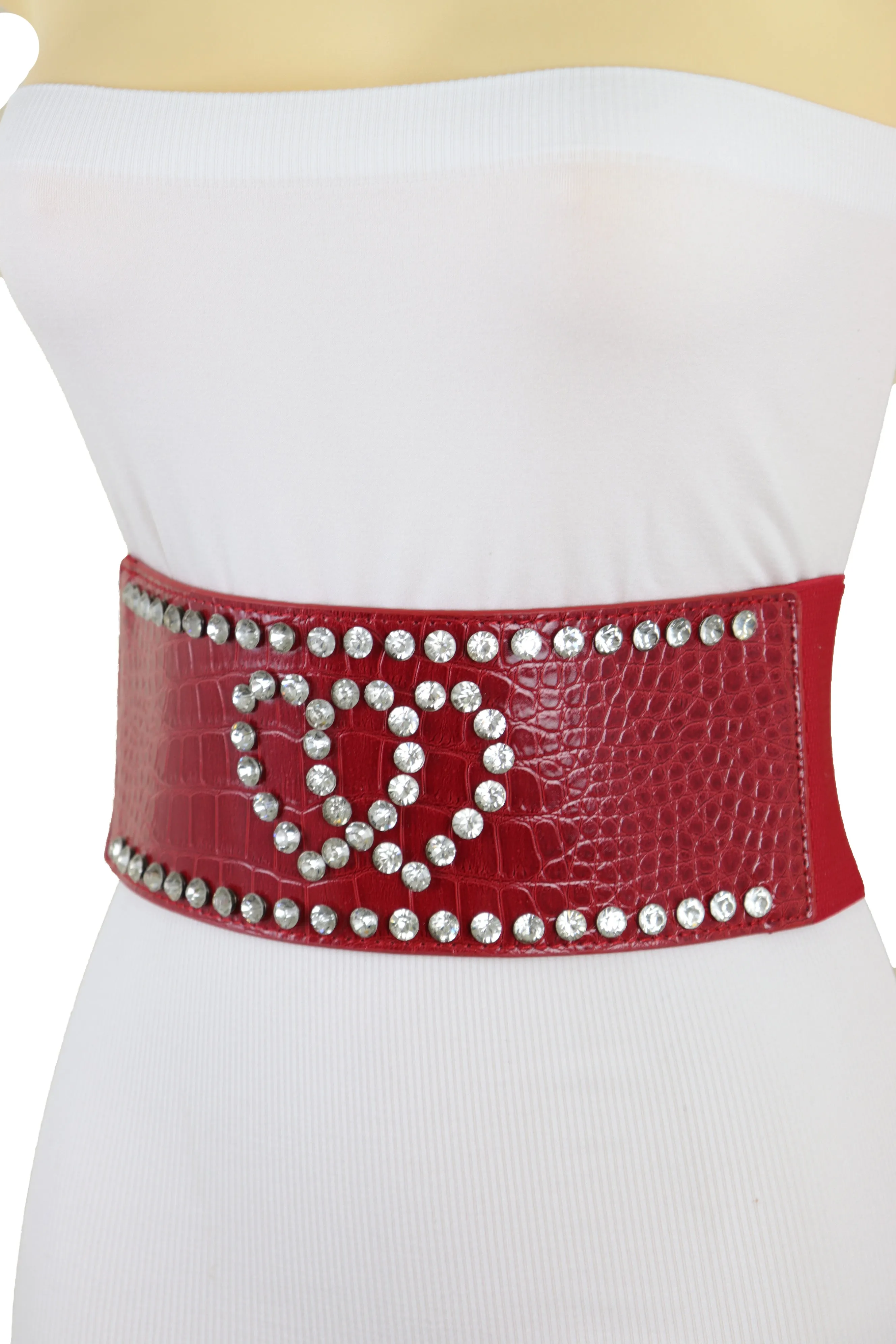 Red Elastic Wide Fashion Belt Hip High Waist Silver Heart Bling Size S M