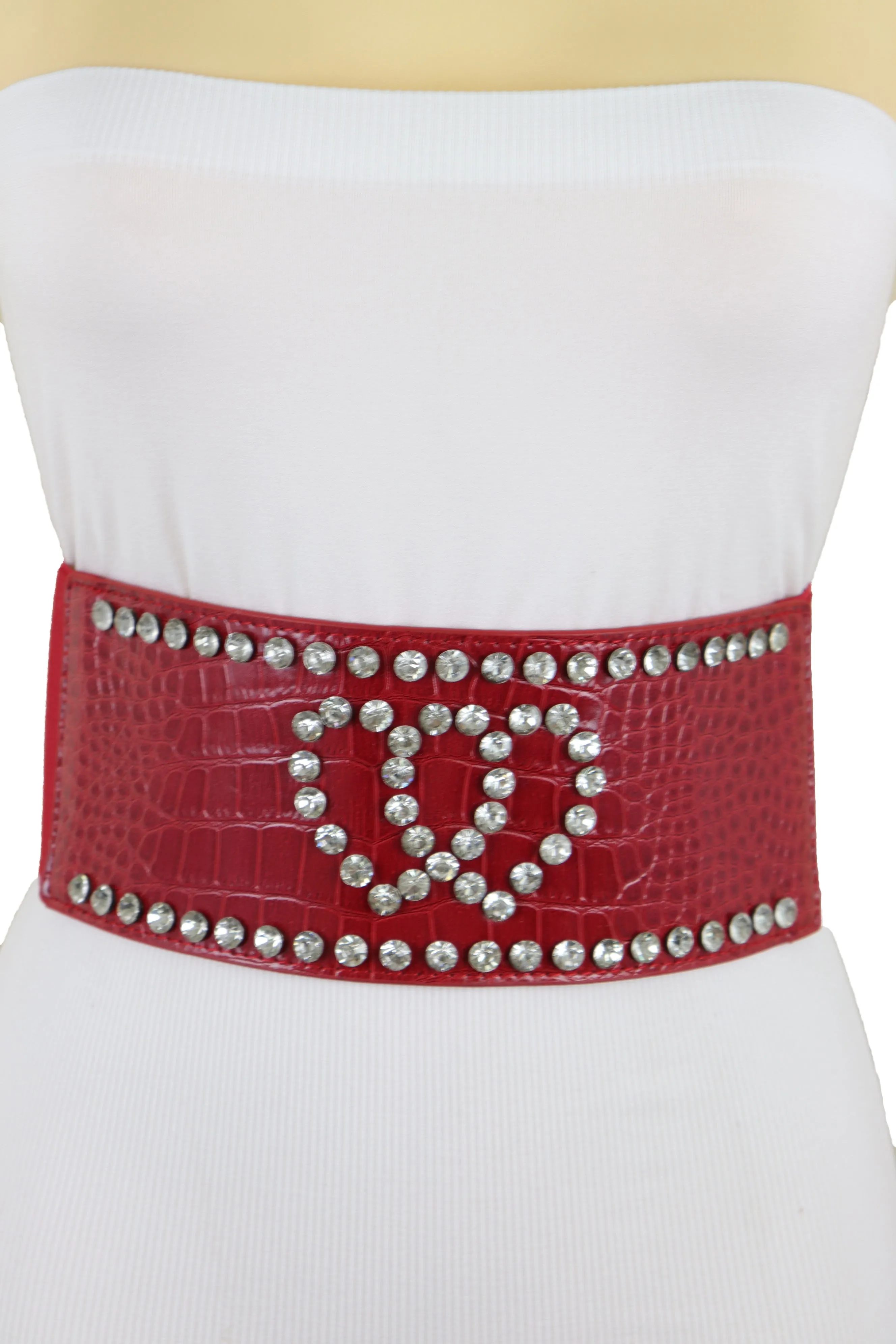 Red Elastic Wide Fashion Belt Hip High Waist Silver Heart Bling Size S M
