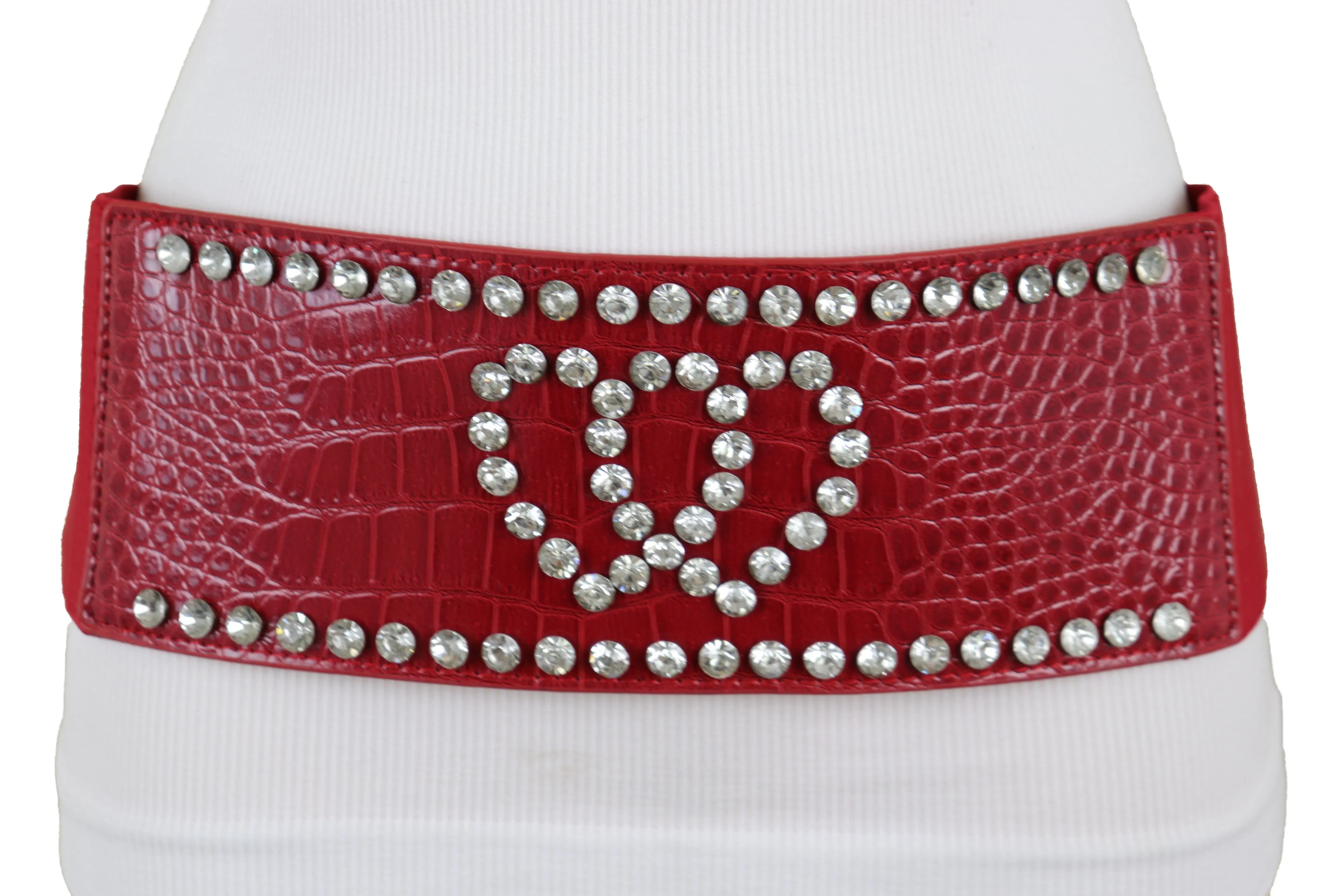 Red Elastic Wide Fashion Belt Hip High Waist Silver Heart Bling Size S M