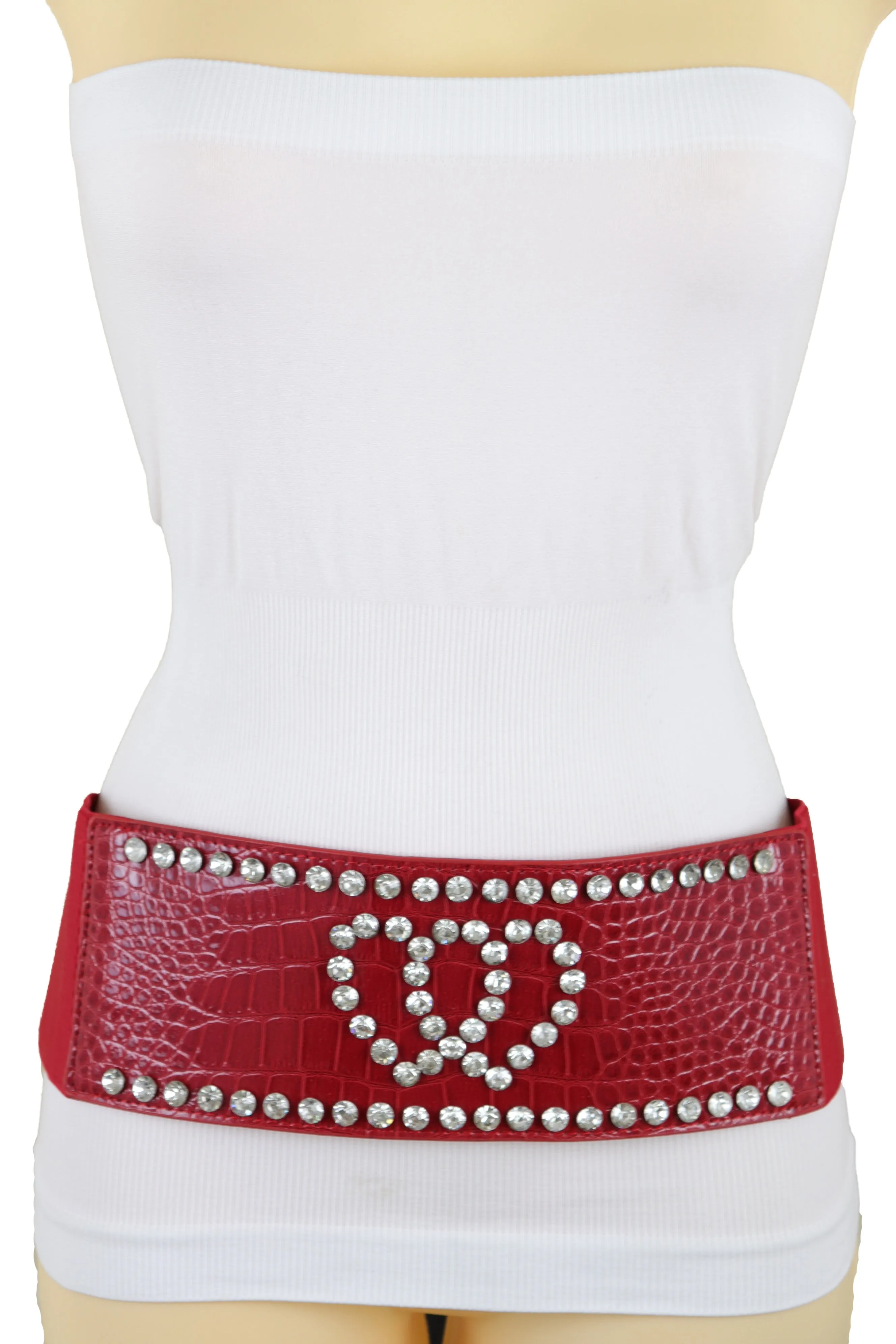 Red Elastic Wide Fashion Belt Hip High Waist Silver Heart Bling Size S M