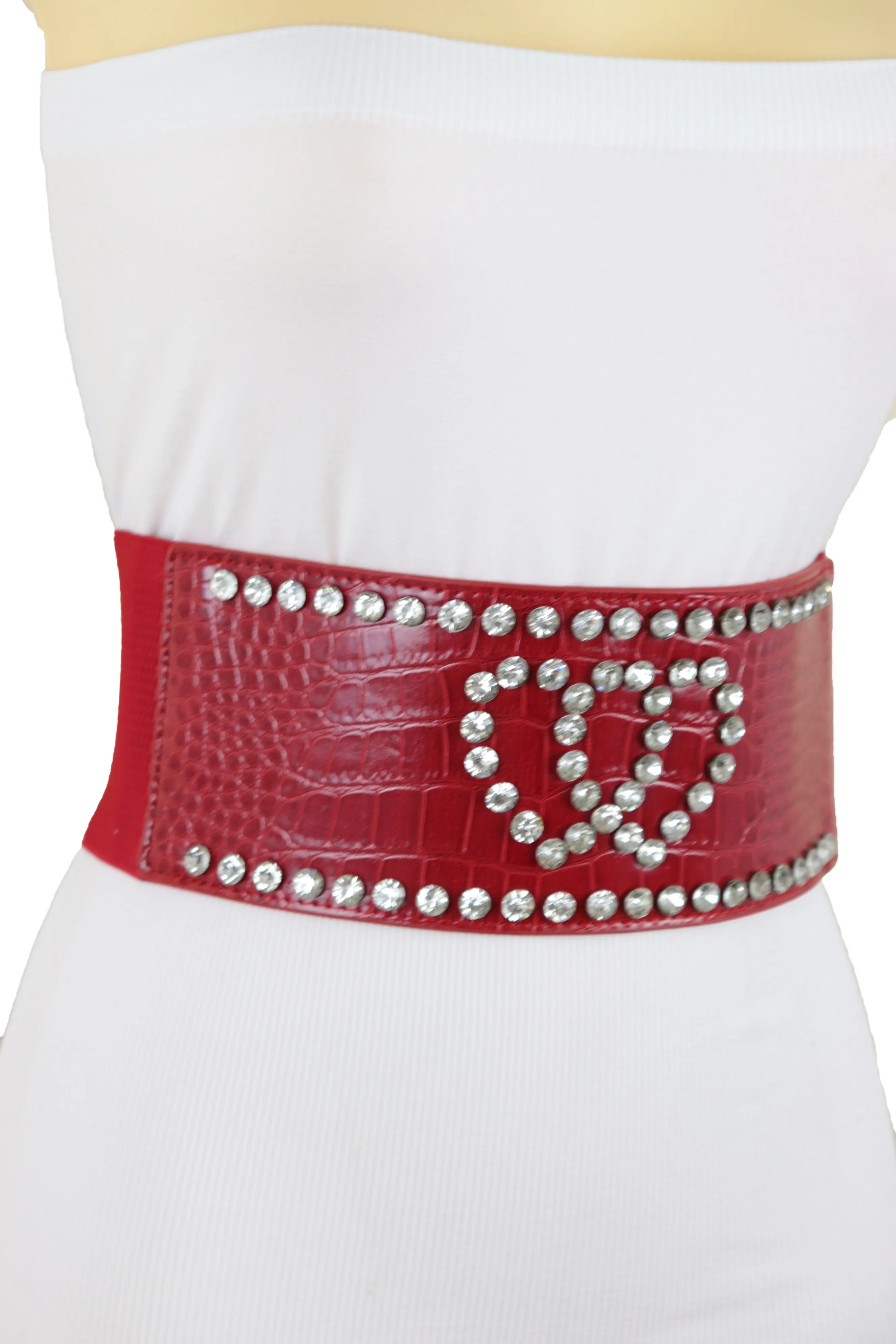 Red Elastic Wide Fashion Belt Hip High Waist Silver Heart Bling Size S M