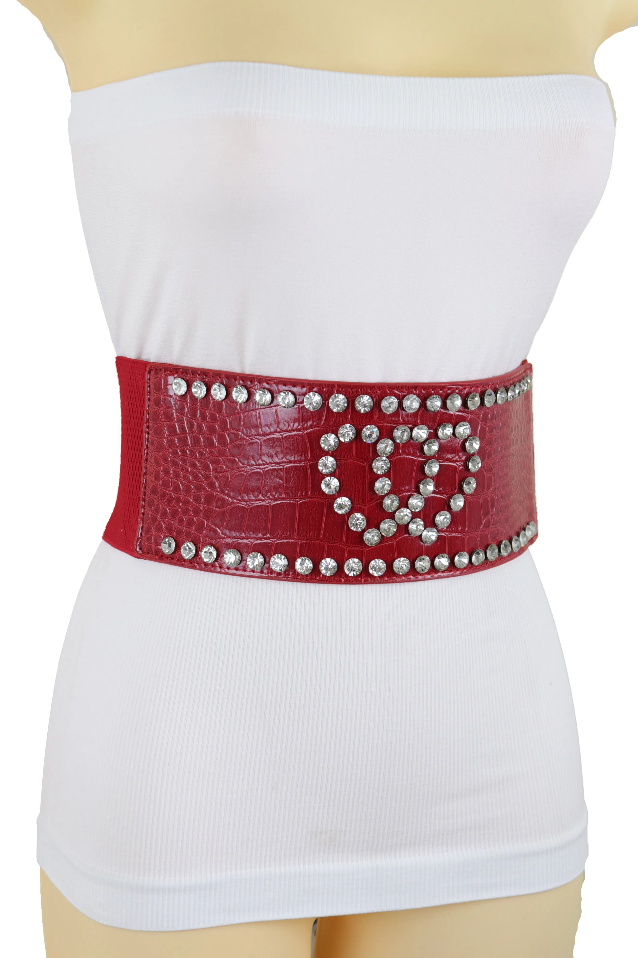 Red Elastic Wide Fashion Belt Hip High Waist Silver Heart Bling Size S M