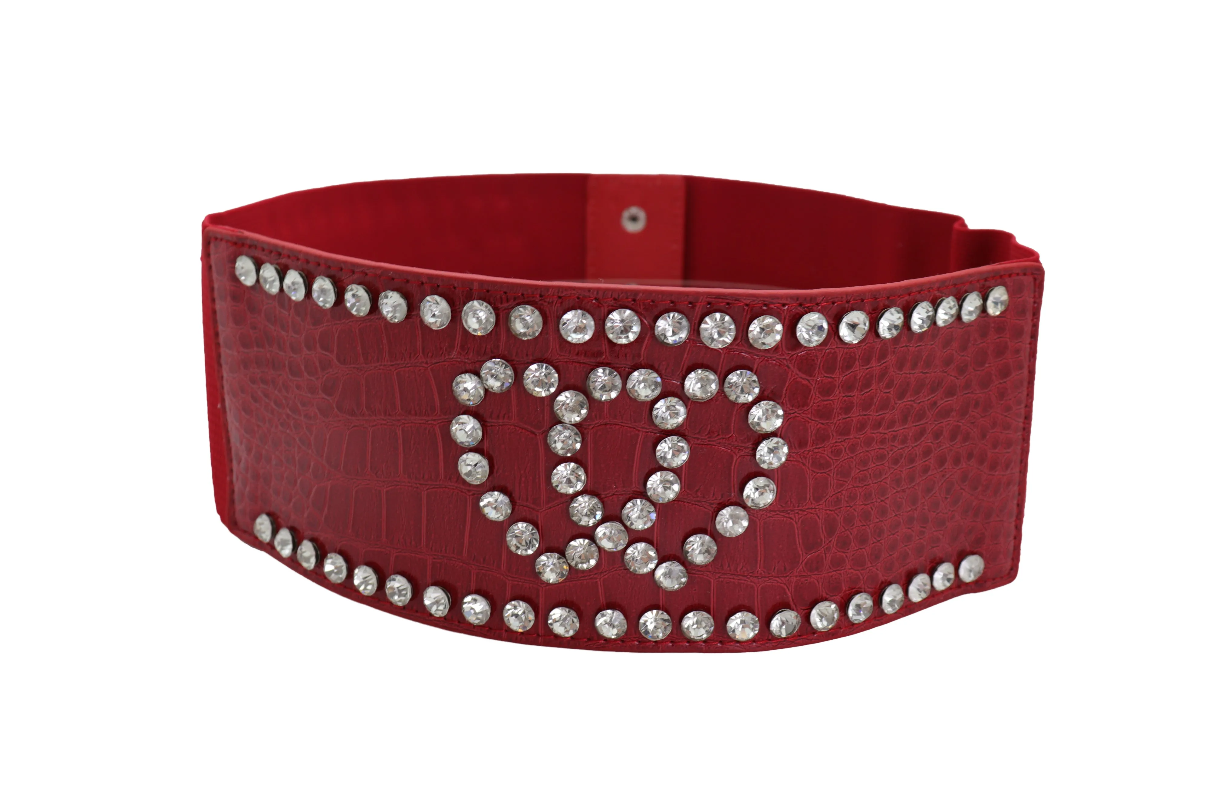 Red Elastic Wide Fashion Belt Hip High Waist Silver Heart Bling Size S M
