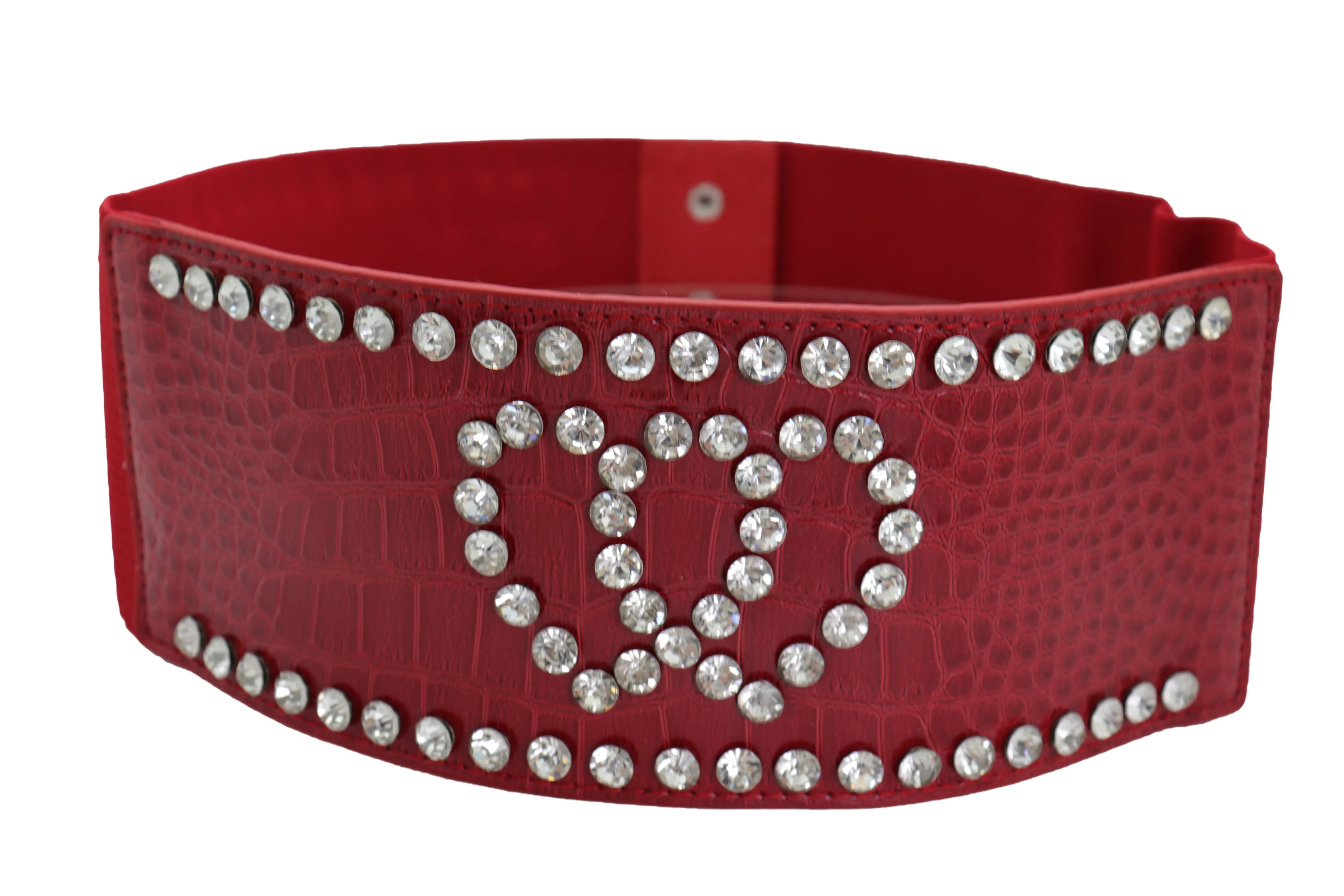 Red Elastic Wide Fashion Belt Hip High Waist Silver Heart Bling Size S M