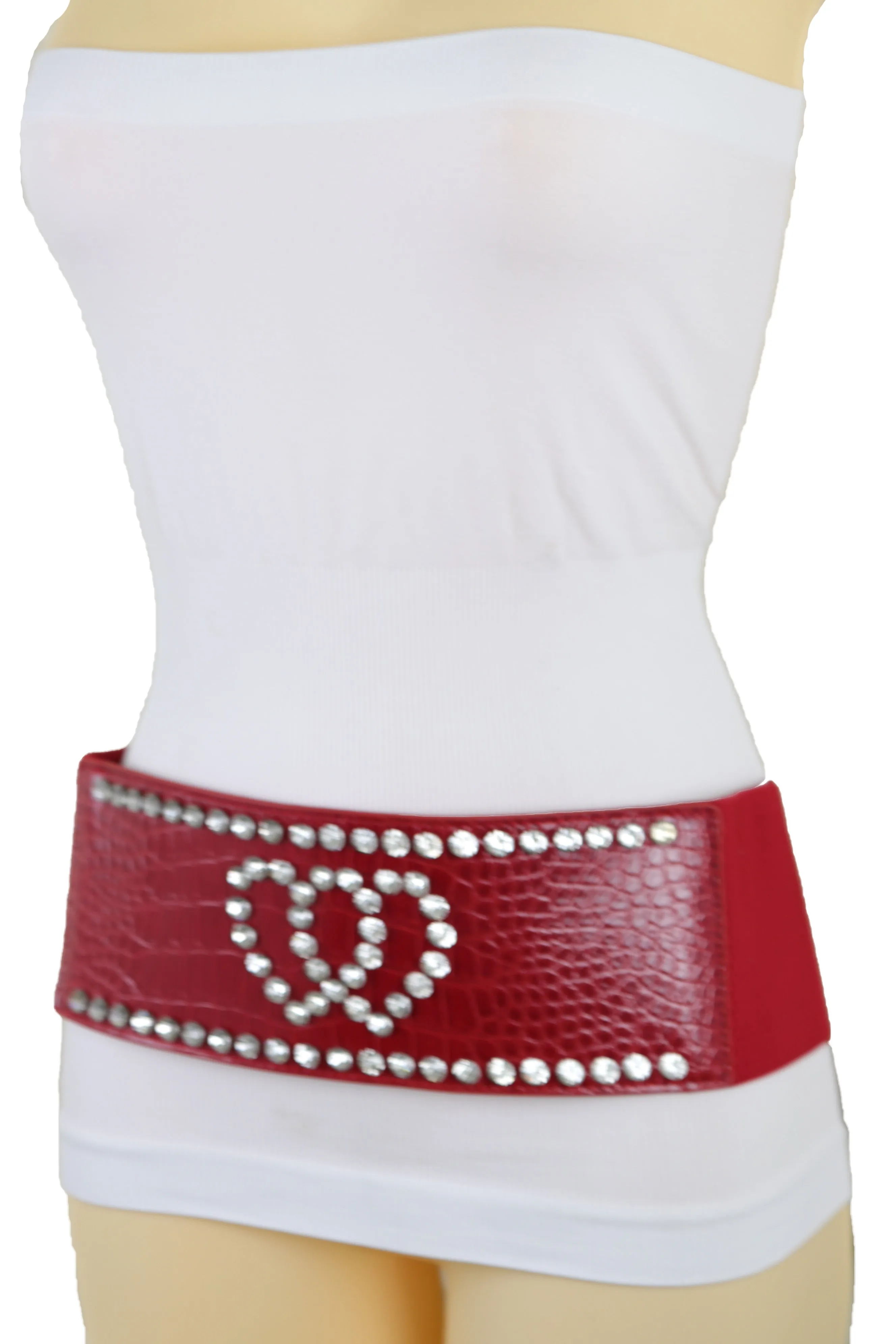 Red Elastic Wide Fashion Belt Hip High Waist Silver Heart Bling Size S M