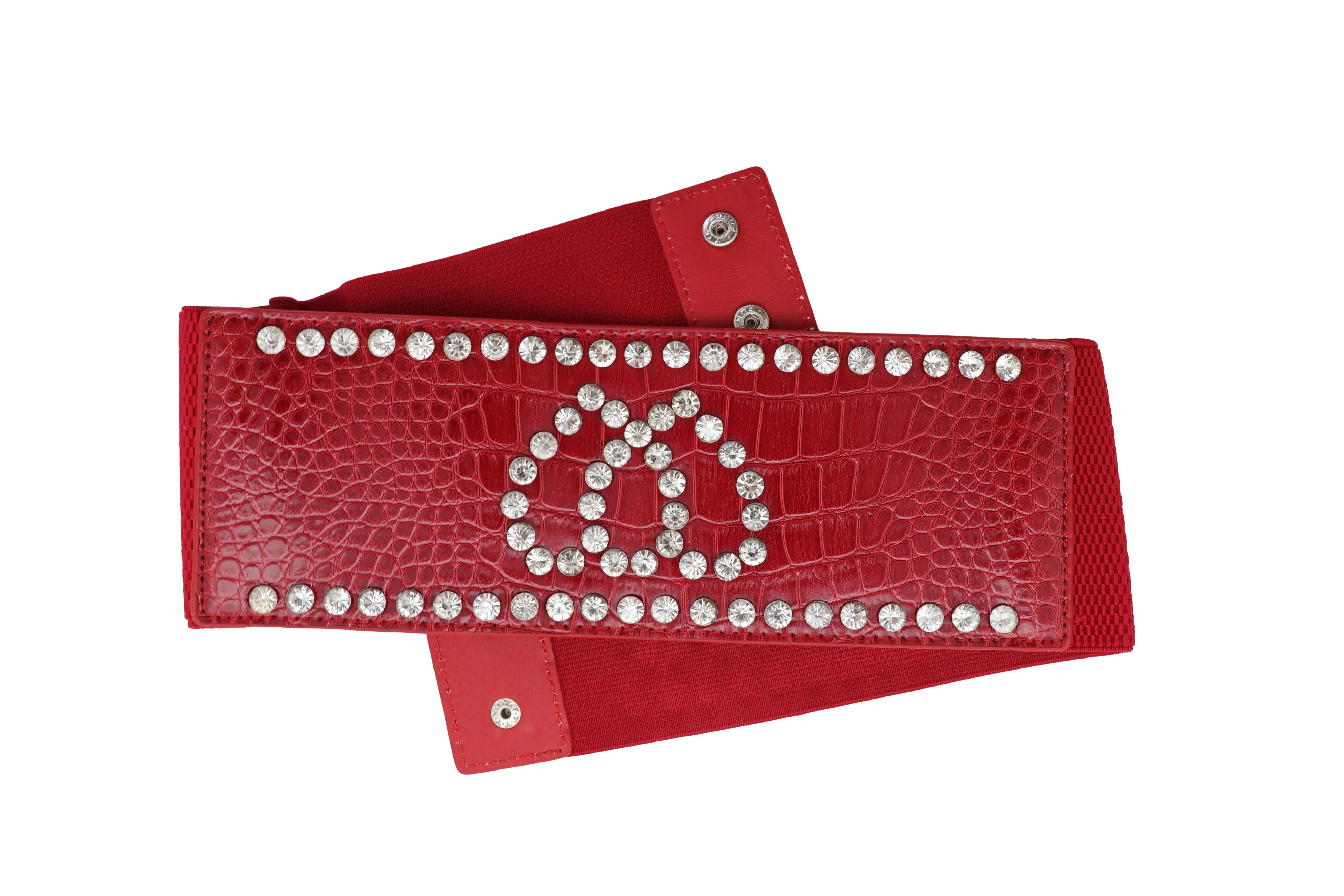 Red Elastic Wide Fashion Belt Hip High Waist Silver Heart Bling Size S M