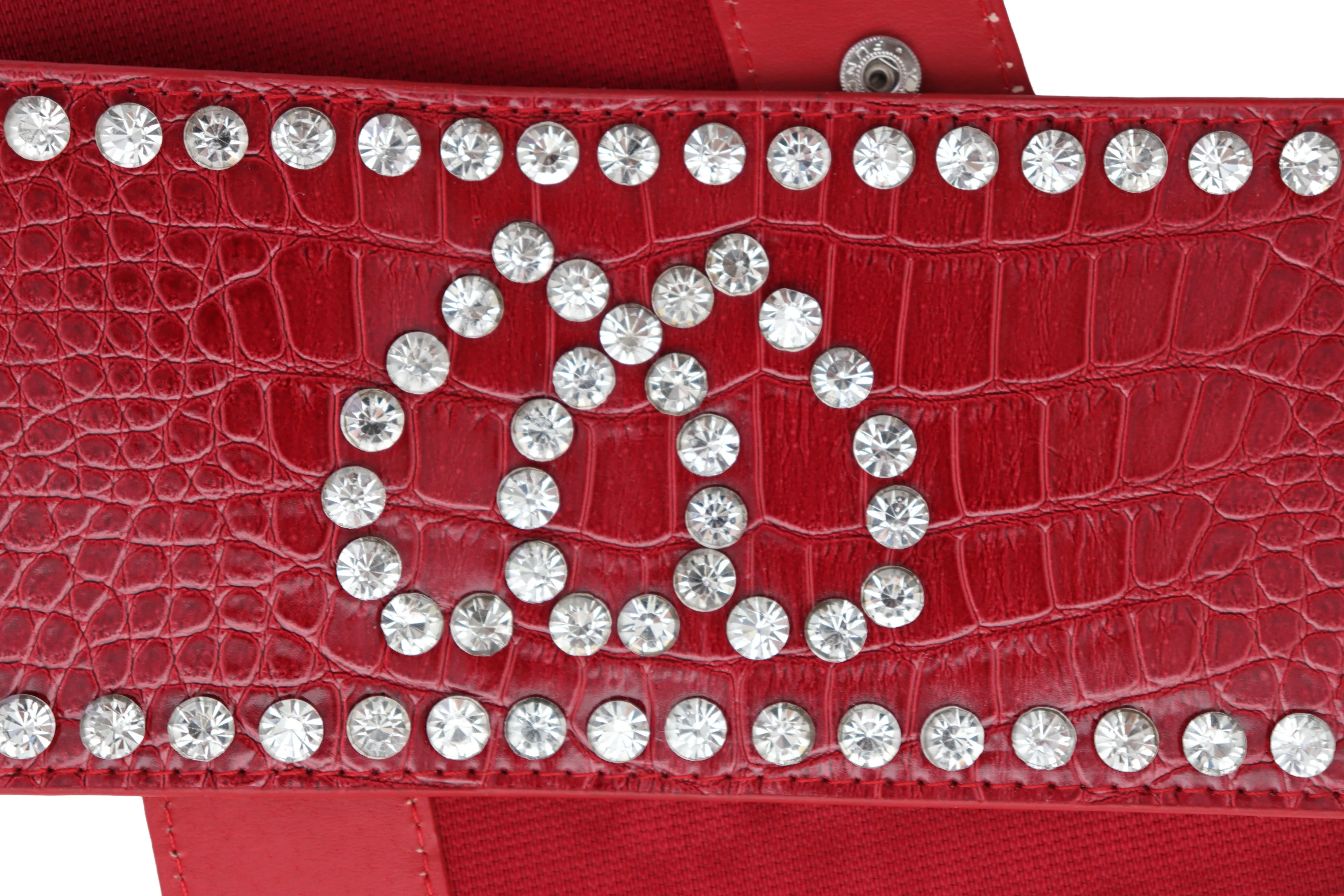 Red Elastic Wide Fashion Belt Hip High Waist Silver Heart Bling Size S M