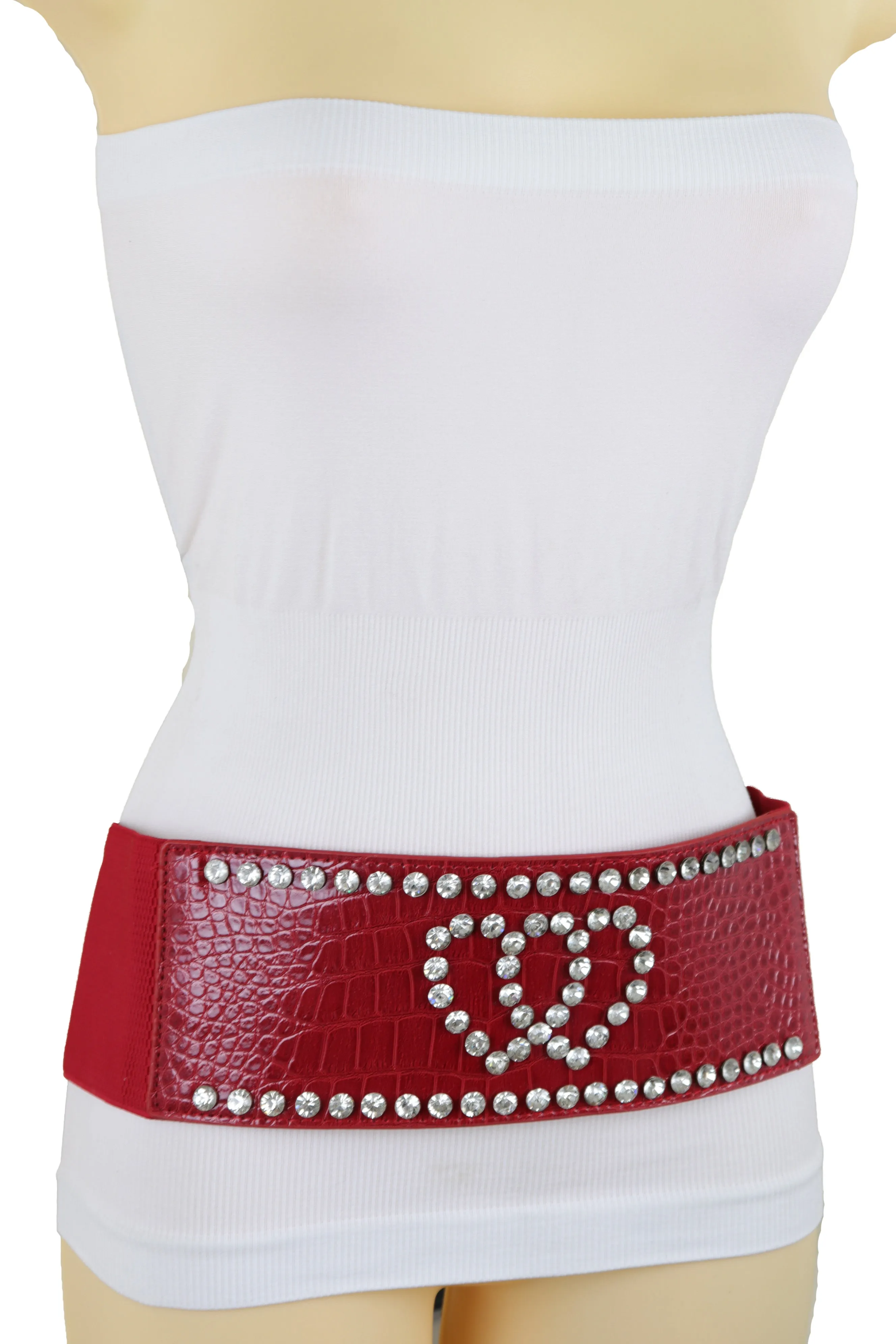 Red Elastic Wide Fashion Belt Hip High Waist Silver Heart Bling Size S M