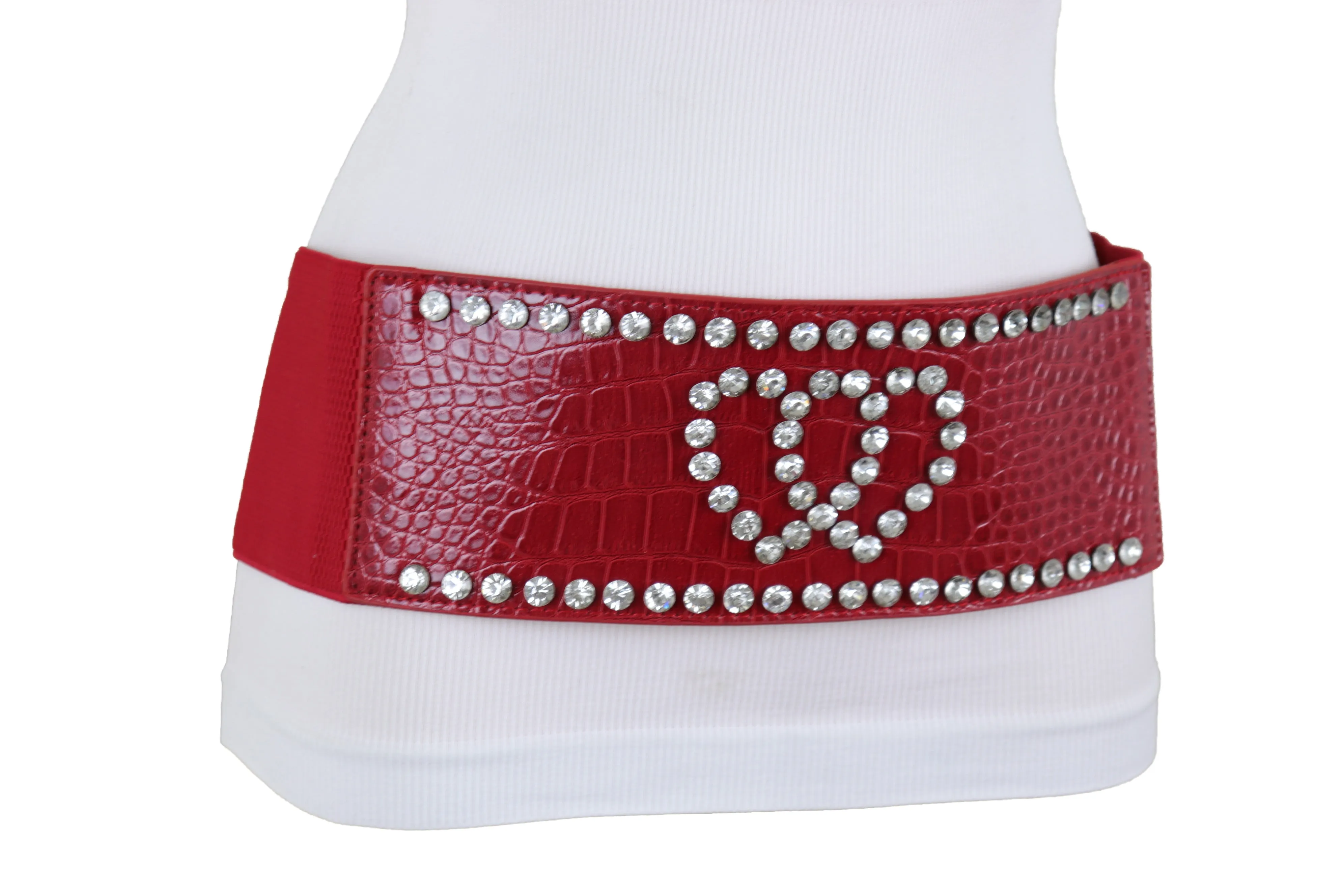 Red Elastic Wide Fashion Belt Hip High Waist Silver Heart Bling Size S M
