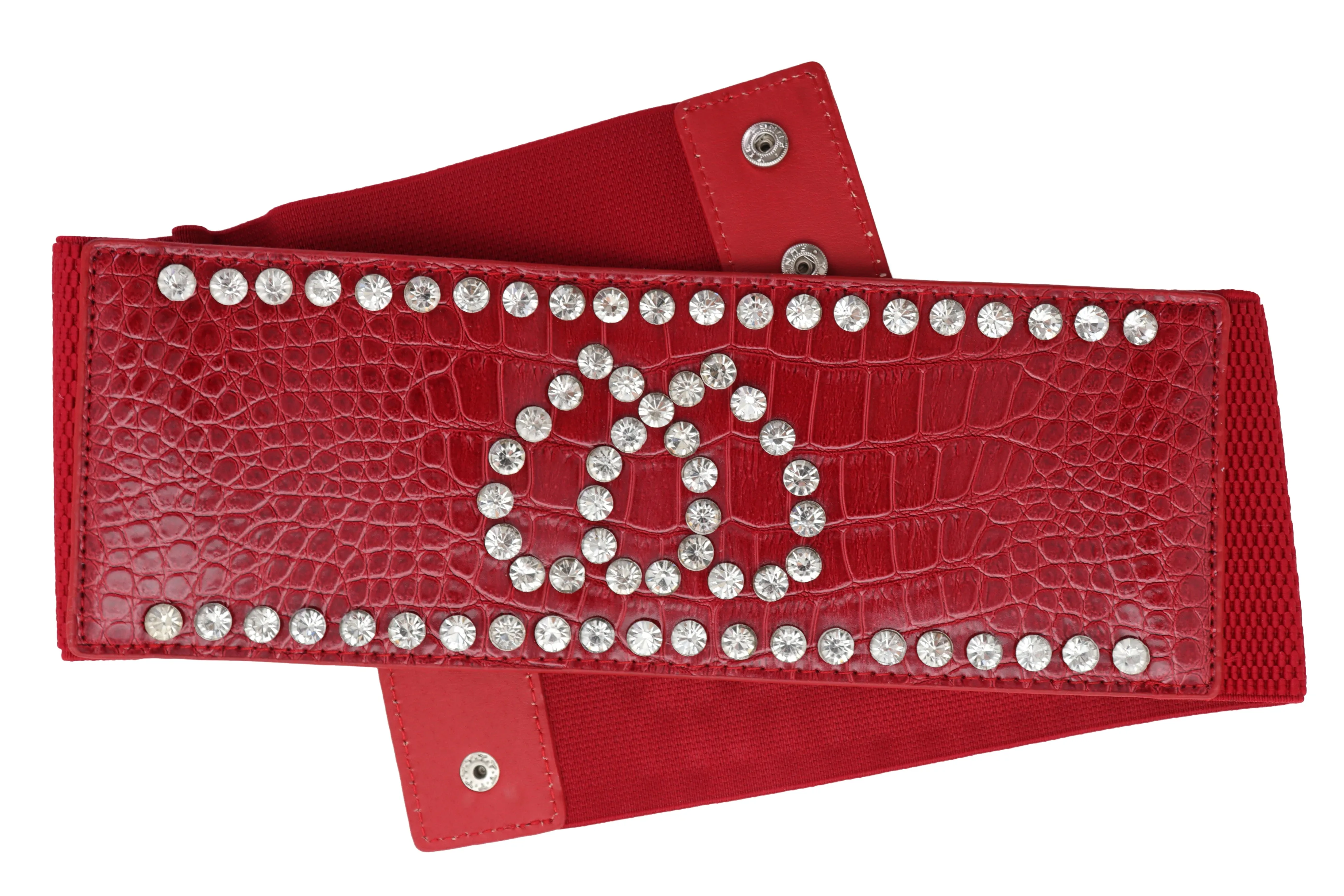 Red Elastic Wide Fashion Belt Hip High Waist Silver Heart Bling Size S M
