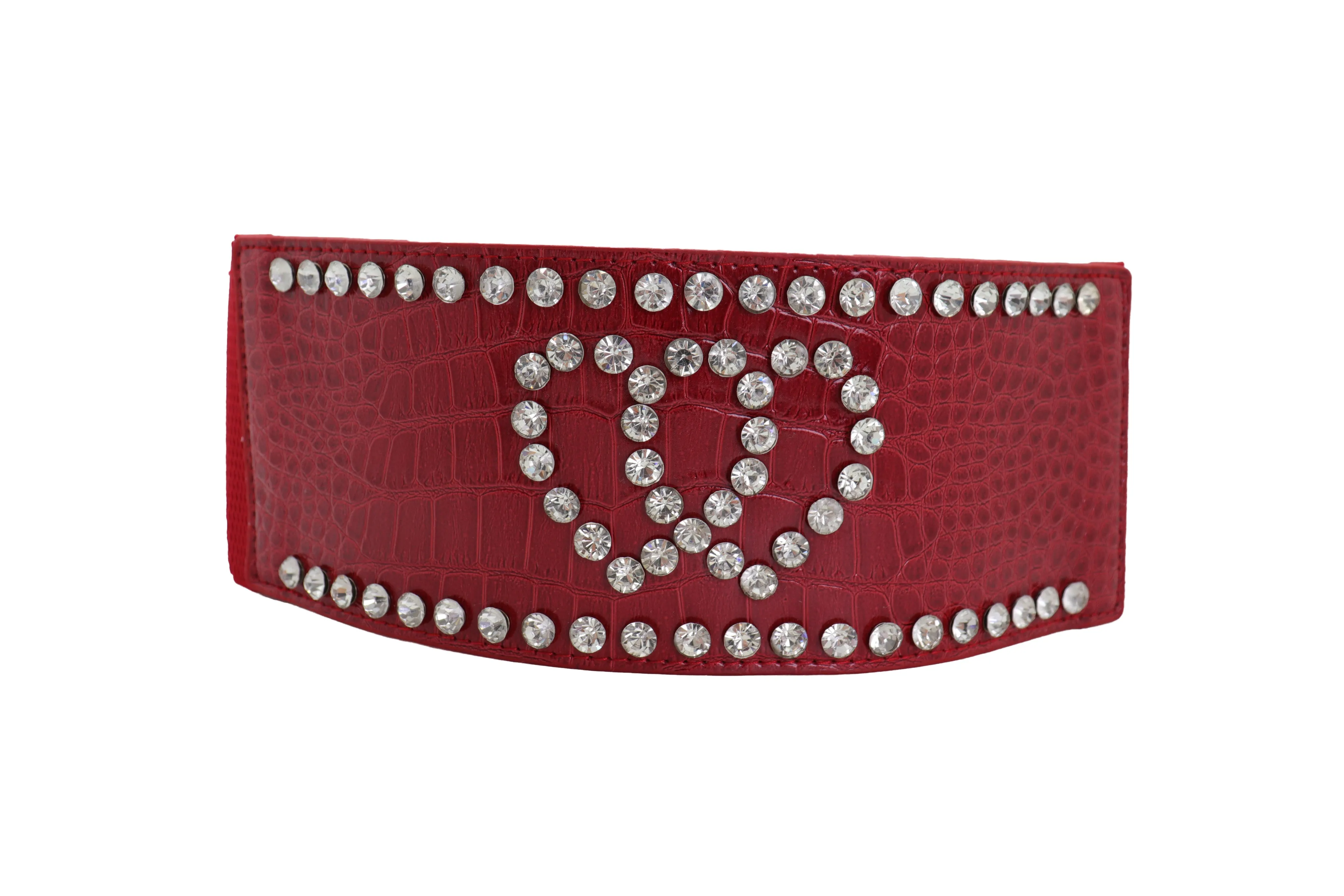 Red Elastic Wide Fashion Belt Hip High Waist Silver Heart Bling Size S M