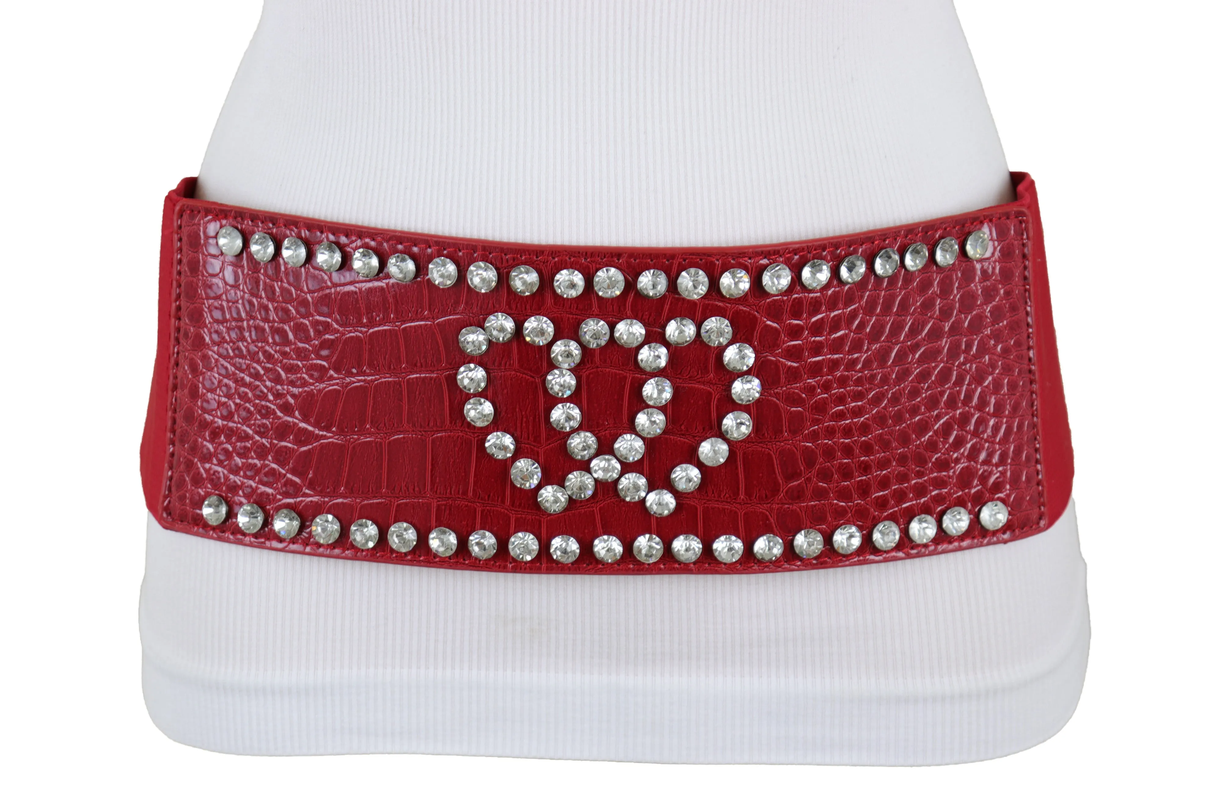 Red Elastic Wide Fashion Belt Hip High Waist Silver Heart Bling Size S M