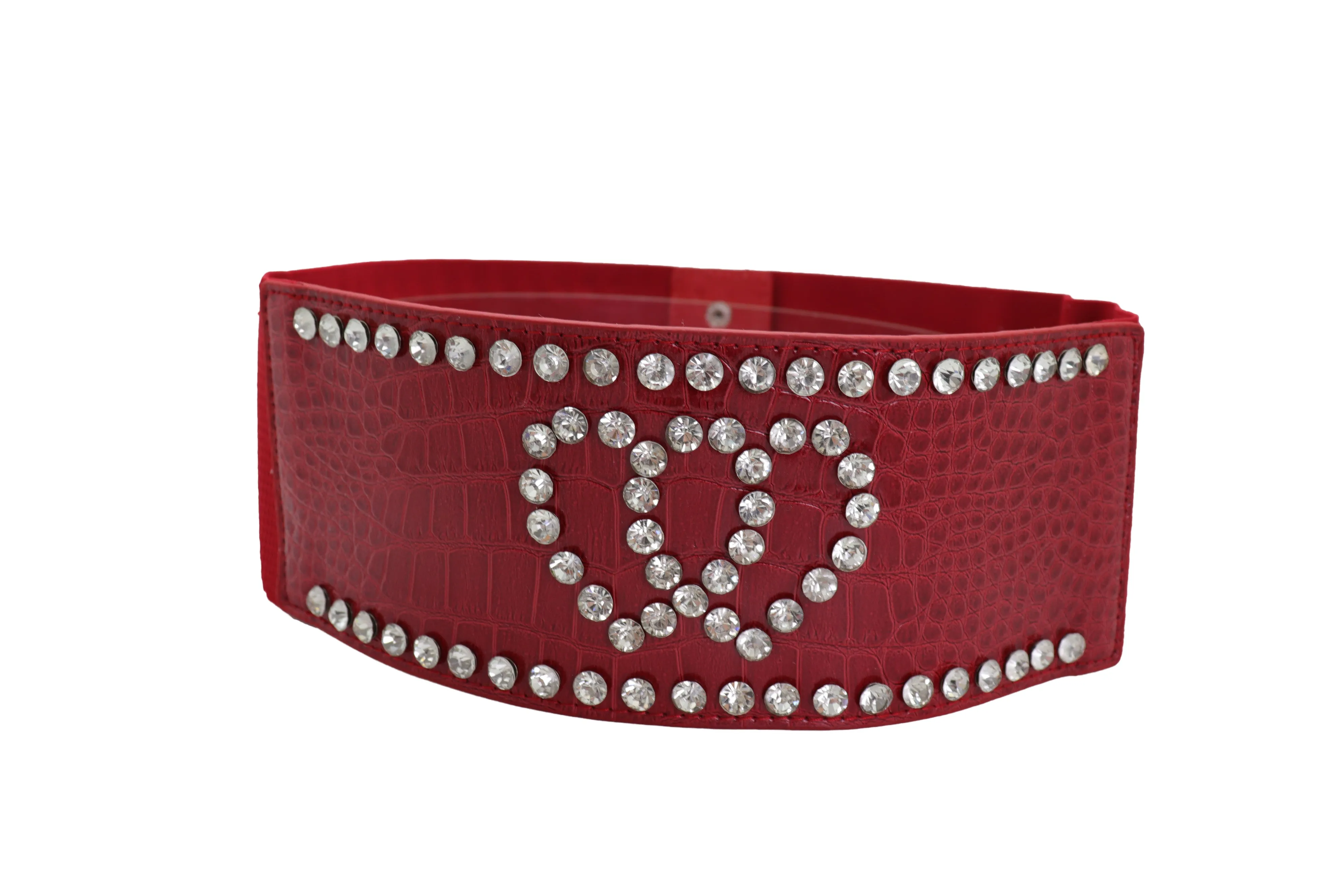 Red Elastic Wide Fashion Belt Hip High Waist Silver Heart Bling Size S M