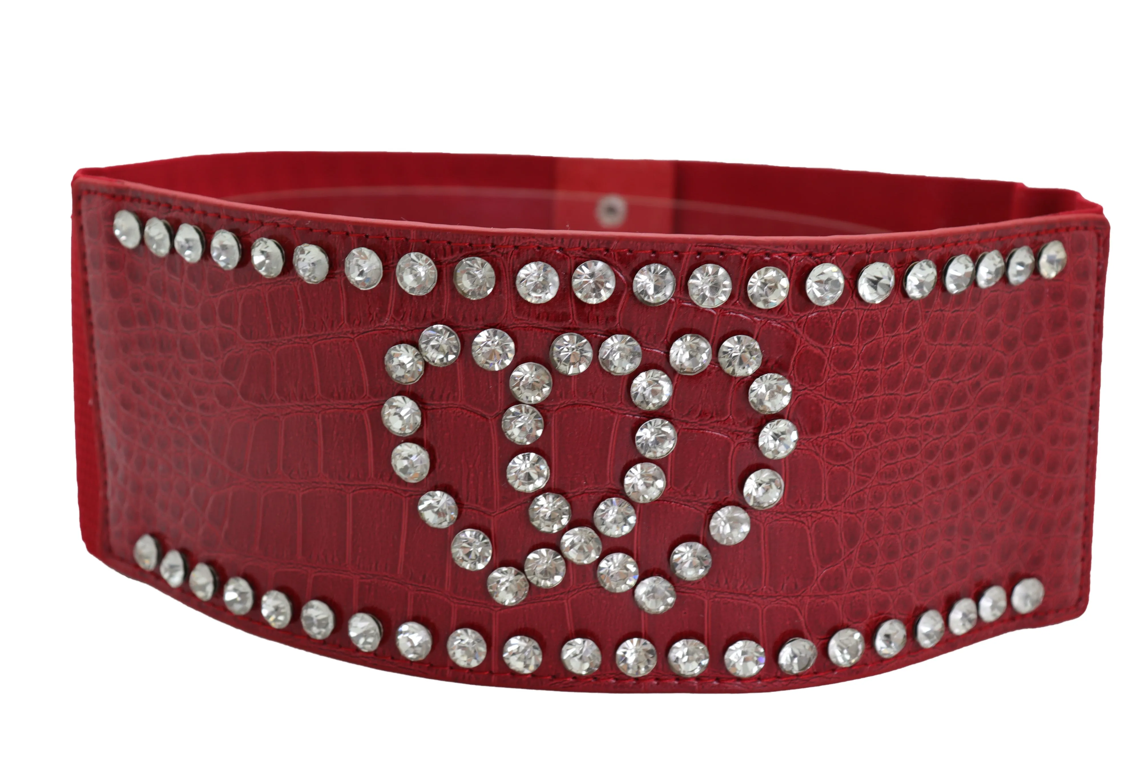Red Elastic Wide Fashion Belt Hip High Waist Silver Heart Bling Size S M