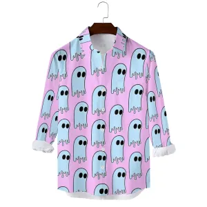Retro Blue Purple Ghost Print Long Sleeve Shirt 2407005371