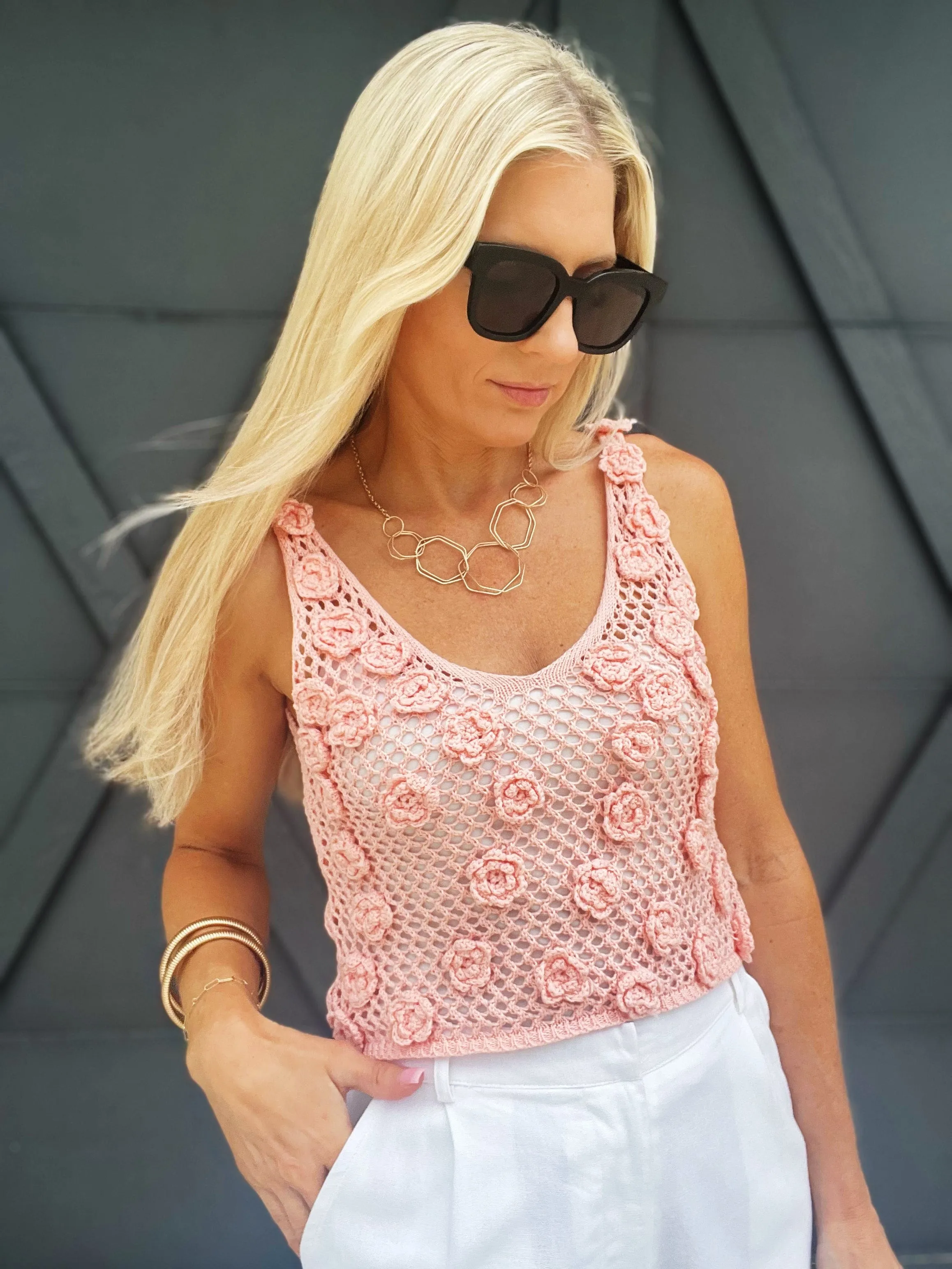 Rose Applique Net Crochet Sweater Tank In Blush