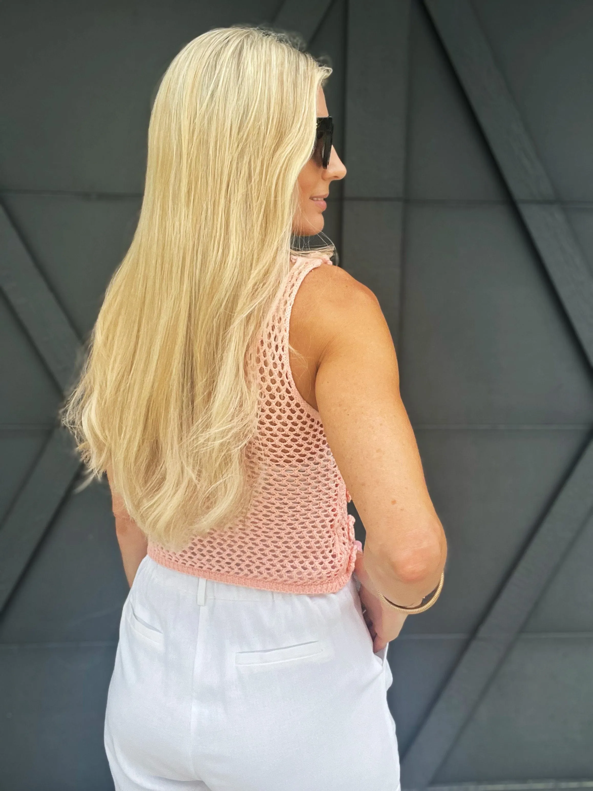 Rose Applique Net Crochet Sweater Tank In Blush