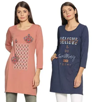 RYSH Women's Hosiery Cotton Full Sleeves Longline Pocket T-shirt (English Brown, Denim Melange, 4XL) -Combo Pack of 2