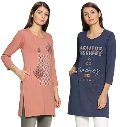 RYSH Women's Hosiery Cotton Full Sleeves Longline Pocket T-shirt (English Brown, Denim Melange, 4XL) -Combo Pack of 2