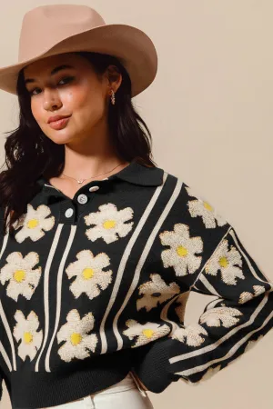 Seve Floral Stripe Polo Collar Sweater