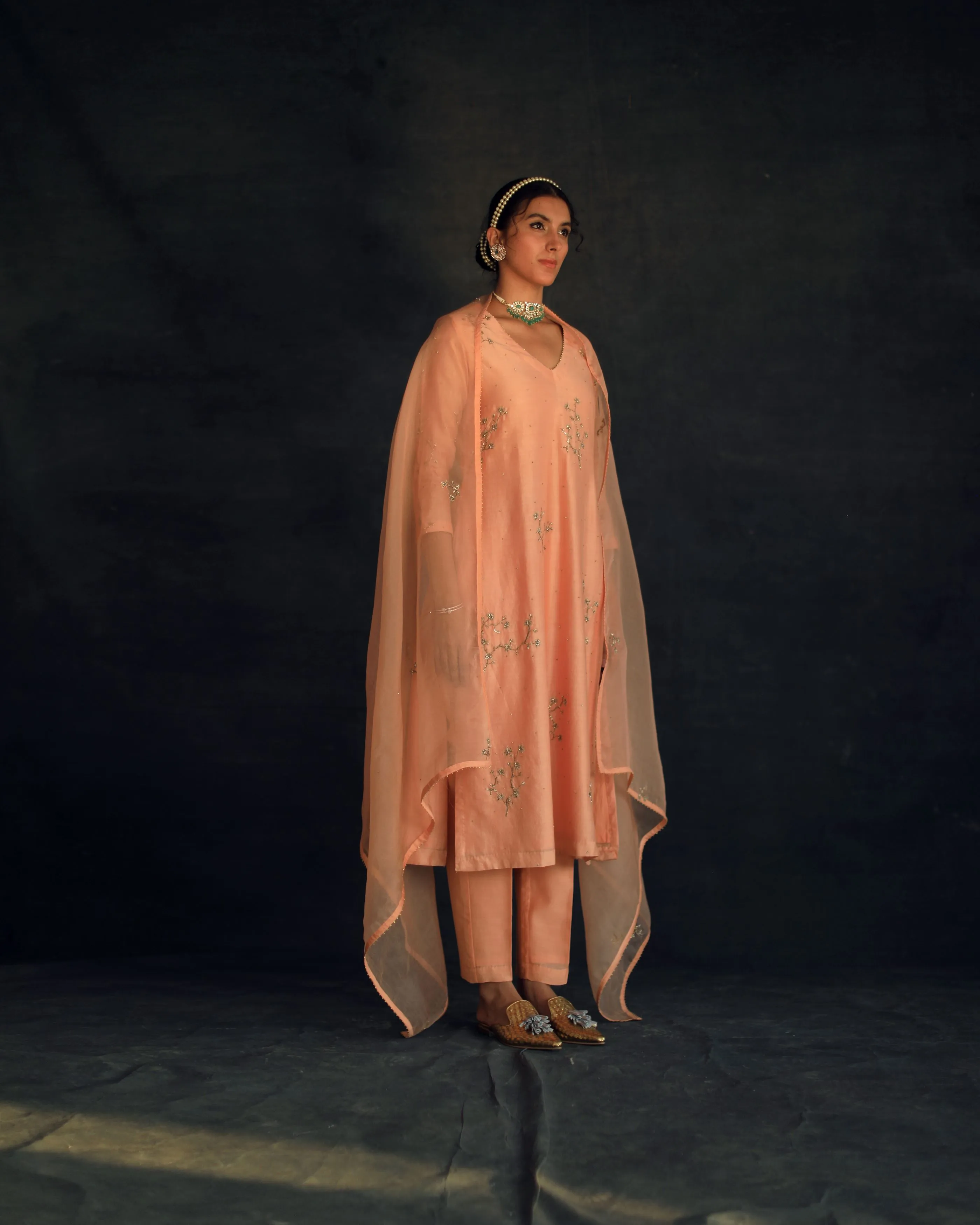 Shikha Mehta Zendaya Apricot Kaashvi Kurta Set Silk Chanderi Silk Organza Peach Hana Ss21F-Kk