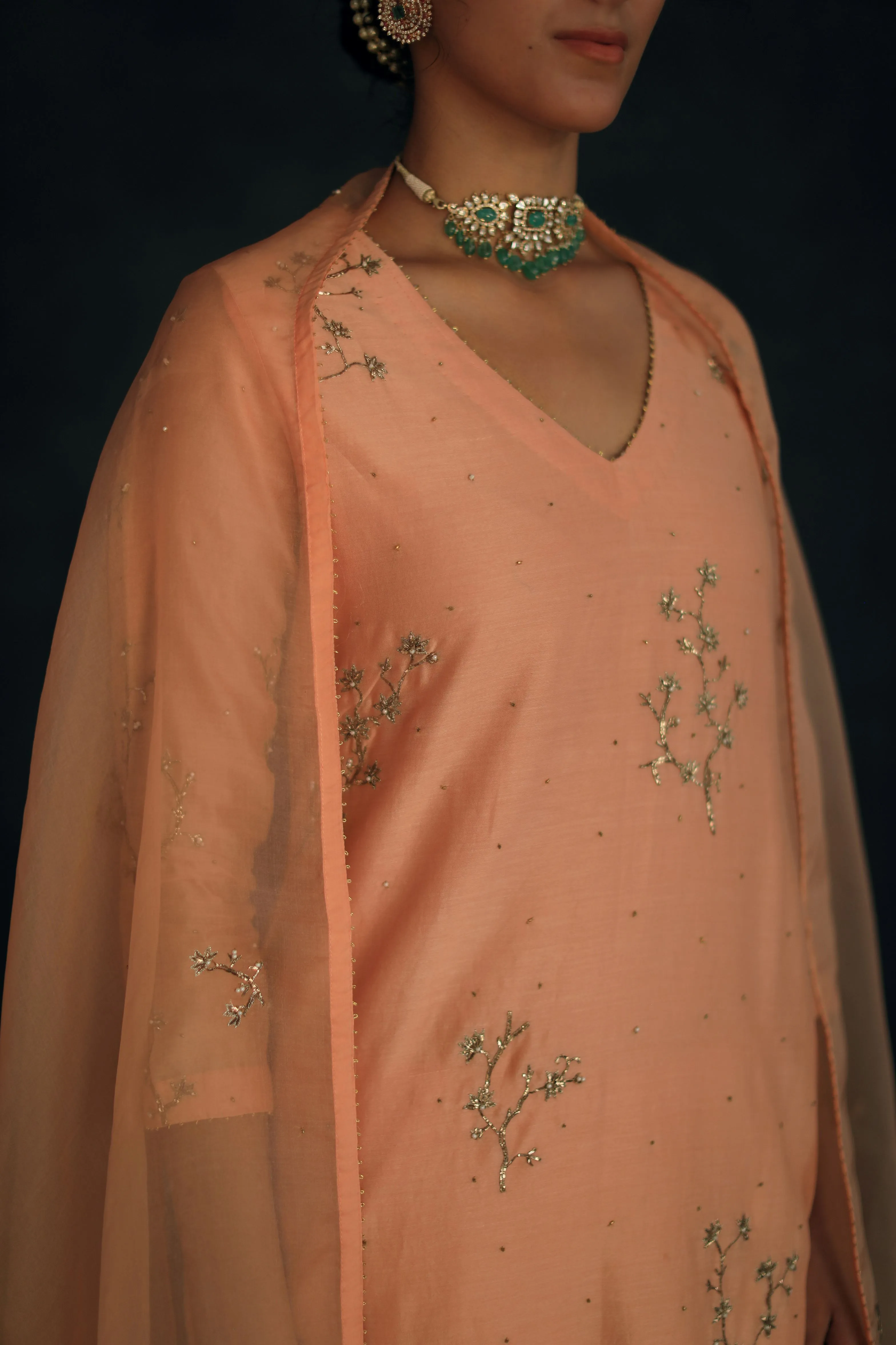 Shikha Mehta Zendaya Apricot Kaashvi Kurta Set Silk Chanderi Silk Organza Peach Hana Ss21F-Kk