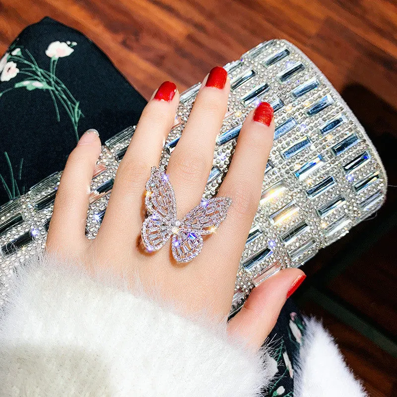 Shiny Butterfly Gemstones Ring Open Adjustable Women's Wedding Jewelry
