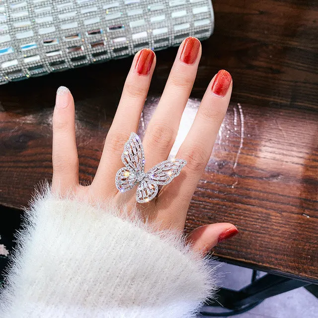 Shiny Butterfly Gemstones Ring Open Adjustable Women's Wedding Jewelry
