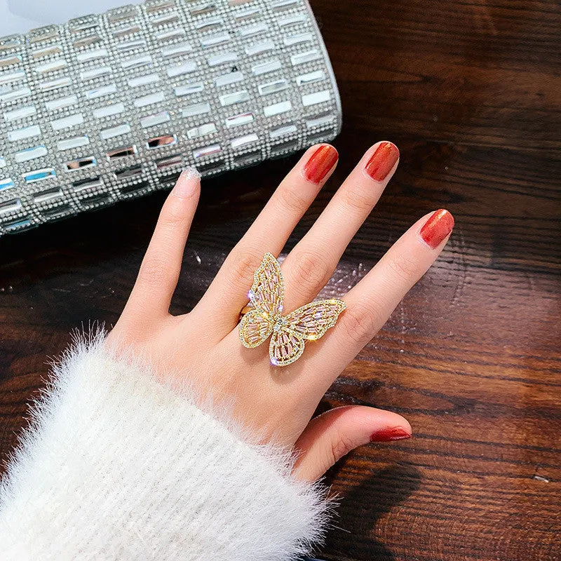 Shiny Butterfly Gemstones Ring Open Adjustable Women's Wedding Jewelry