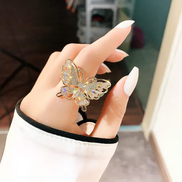 Shiny Butterfly Gemstones Ring Open Adjustable Women's Wedding Jewelry