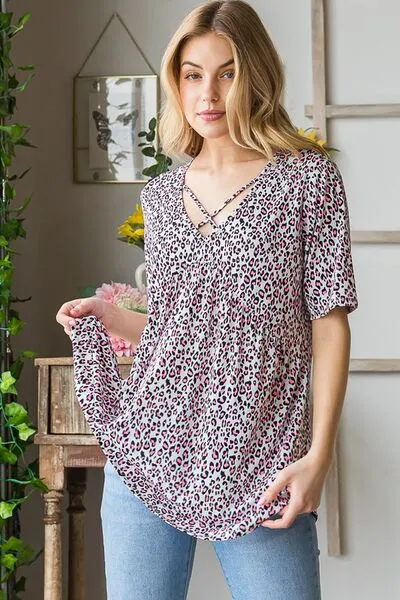 Short Sleeve Crisscross Animal Babydoll Top