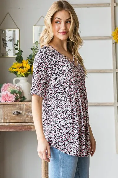 Short Sleeve Crisscross Animal Babydoll Top
