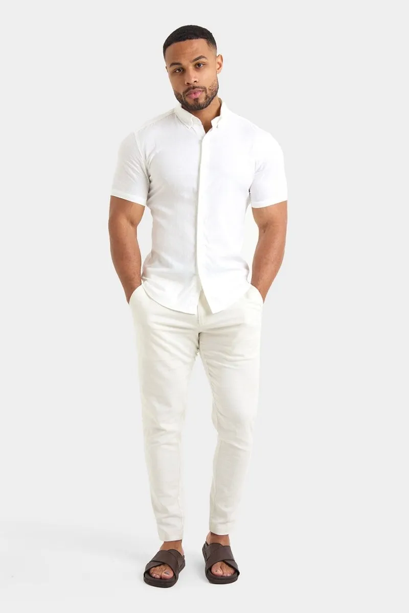 Short Sleeve Linen Blend Shirt in White