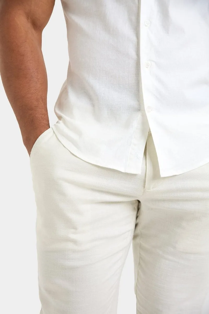 Short Sleeve Linen Blend Shirt in White