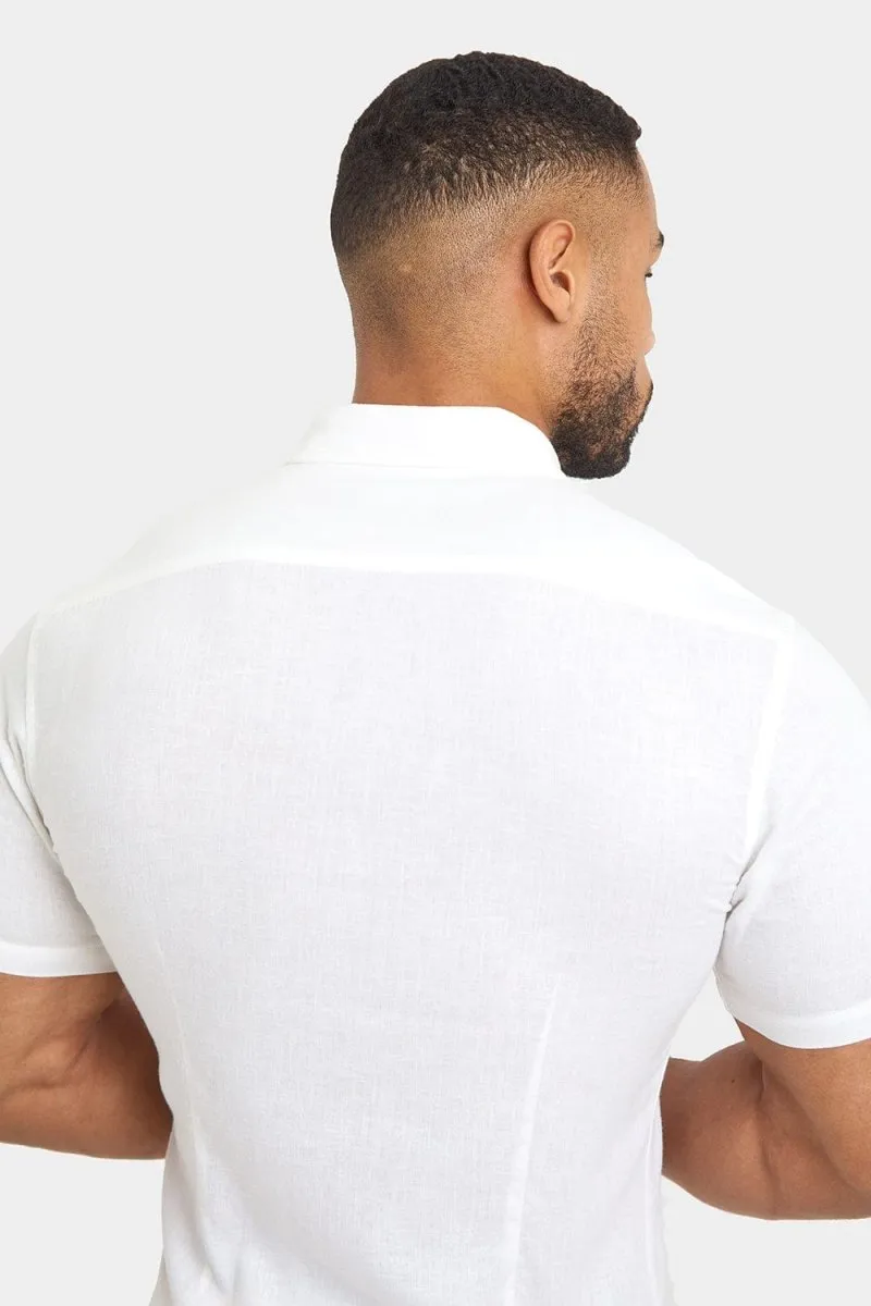 Short Sleeve Linen Blend Shirt in White