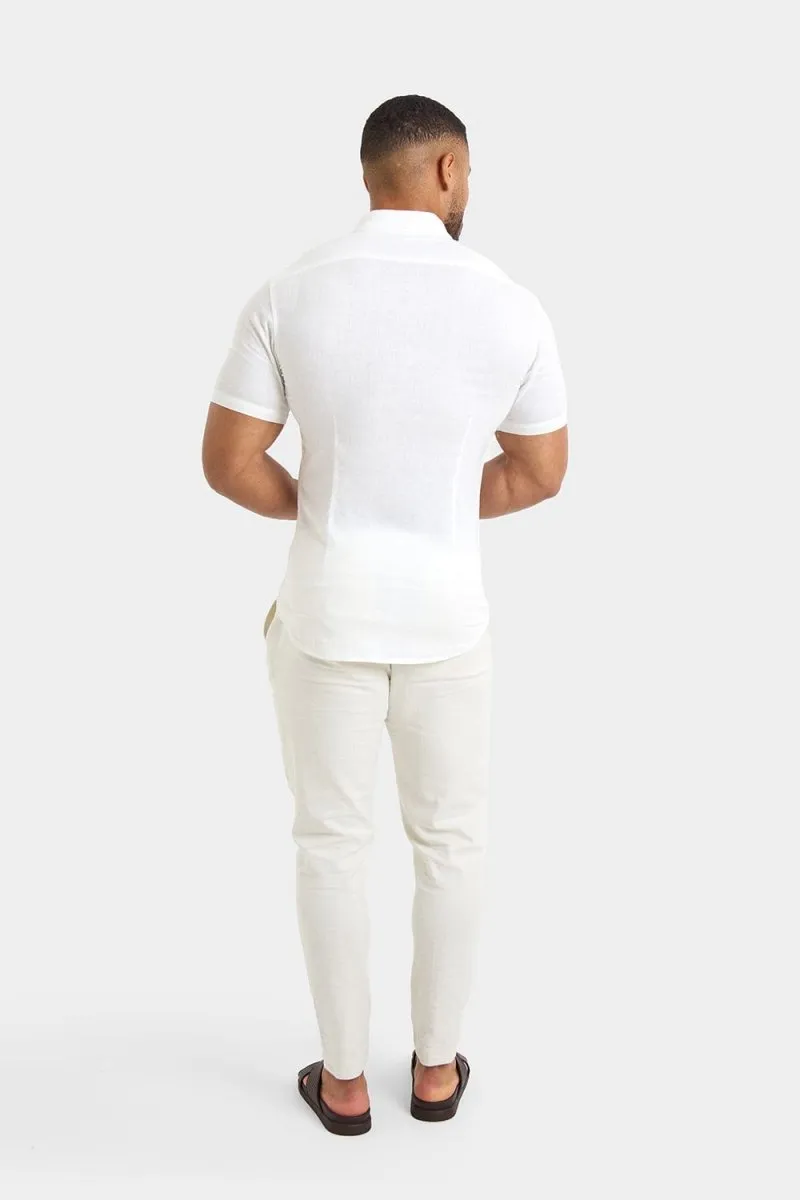 Short Sleeve Linen Blend Shirt in White