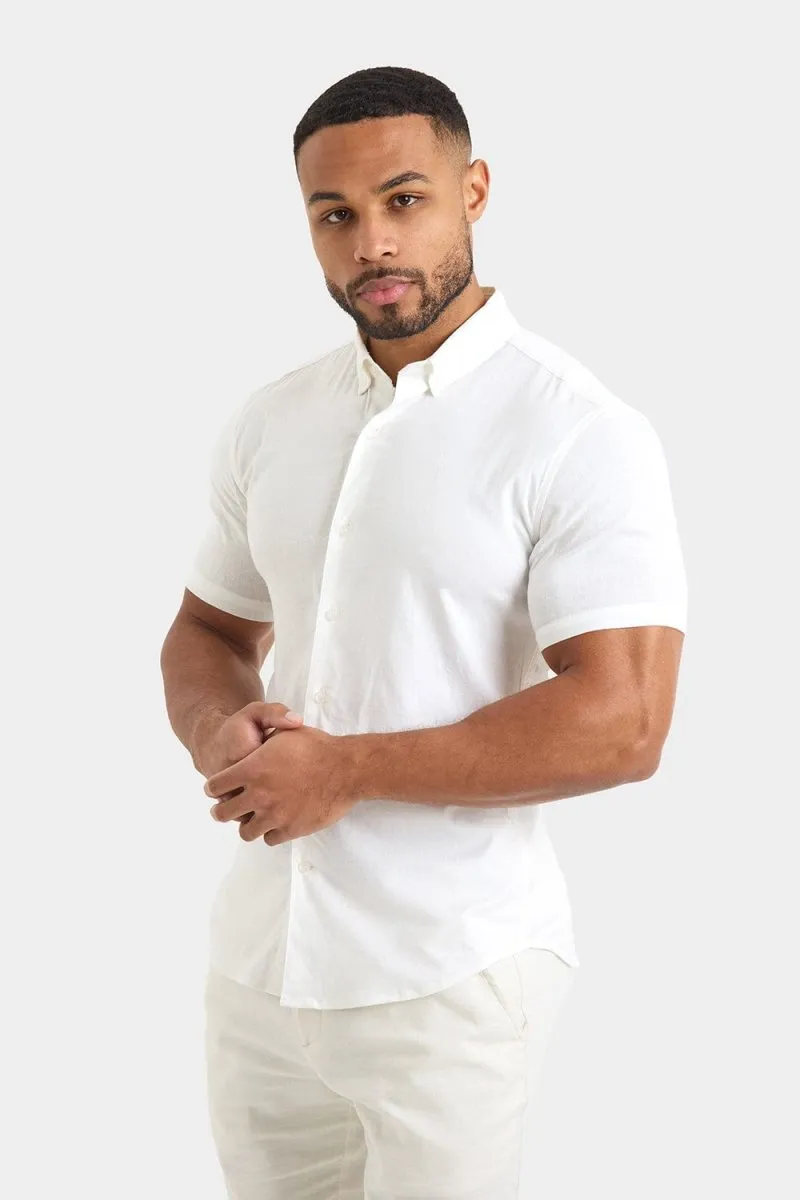 Short Sleeve Linen Blend Shirt in White
