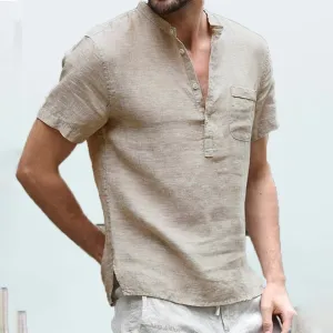 Short-Sleeved T-shirt Cotton and Linen Led Casual Shirt Male Breathable